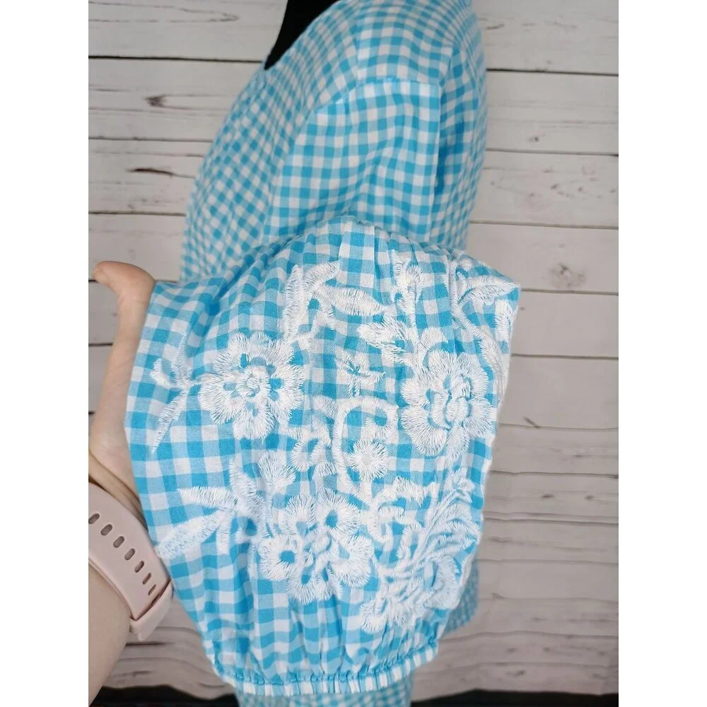 Crown & Ivy 2x Blue White Gingham Floral Tunic Top Blouse Embroidered‎ Detail